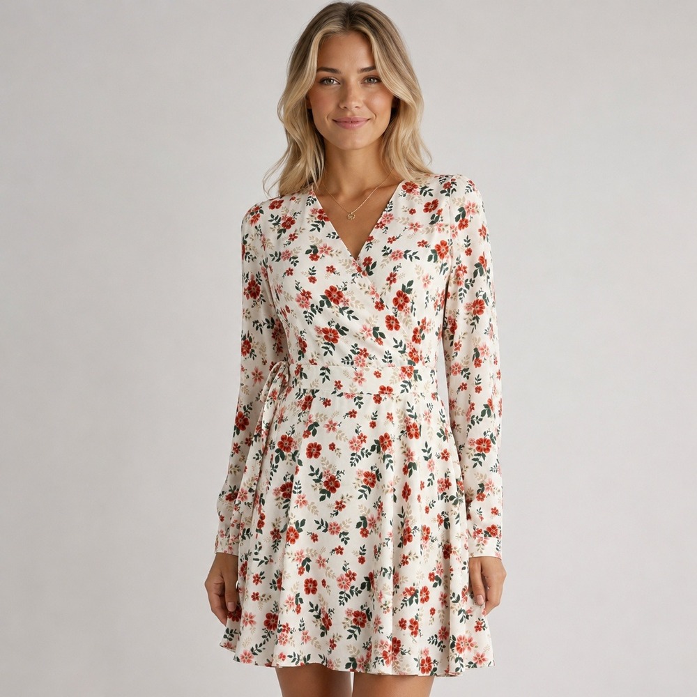 GIRL‎ IS Small Floral V-Neck Wrap Mini Dress Long Sleeve Tie Back Coquettecore
